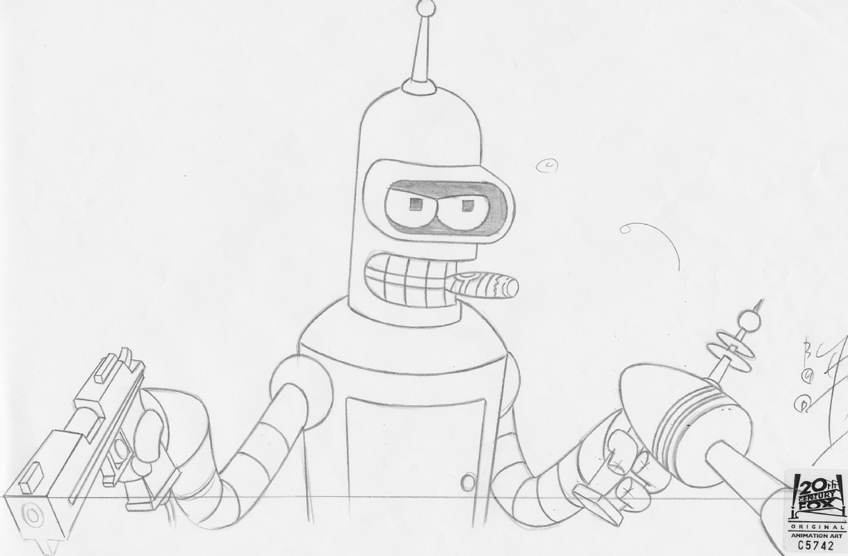 Futurama Production Drawing Bender with Guns, in Matt Driscoll's